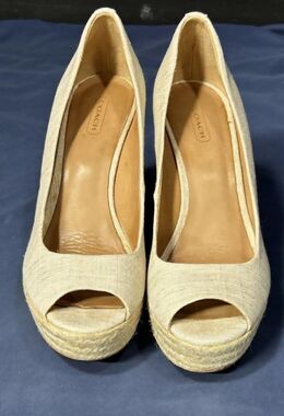 Coach Milan Platform Espadrille Wedge Heel Peep Toe Gold Size 8.5